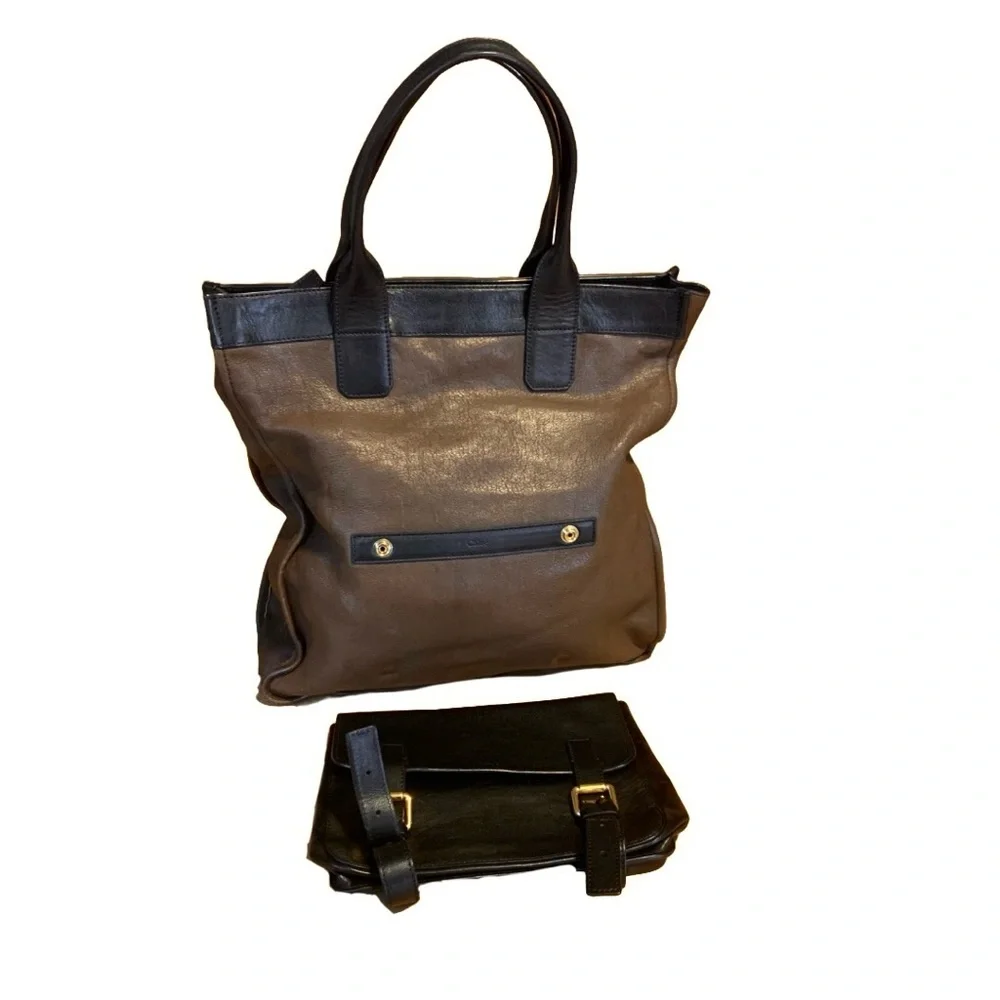 CHLOE FRONT POCKET TOTE BAG IN BROWN & BLACK LEATHER W/DETACHABLE POUCH